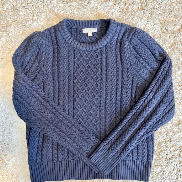J.Crew Cable-knit puff-sleeve Crewneck Fisherman Sweater Size Large in Navy Blue - Picture 3 of 6